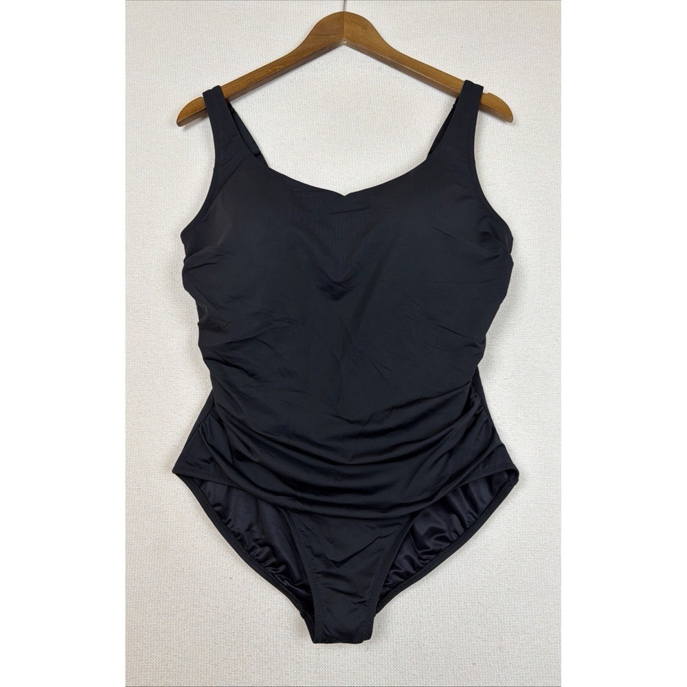 Lands' End One Piece Black Swimsuit Ruched Built-In Bra Size 16W Plus Adj Straps